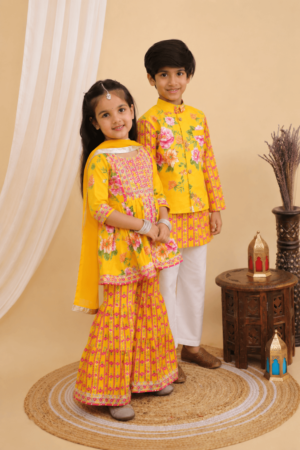 Bright Yellow Jaipuri Sibling Set for Kids – Festive Ethnic Wear