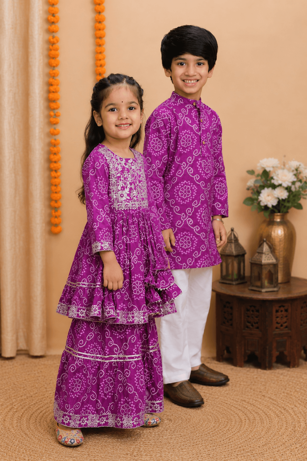 Purple Jaipuri Sibling Combo Set for Kids – Festive Ethnic Wear