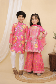 Dark Gajri Jaipuri Sibling Set for Kids – Festive Ethnic Wear