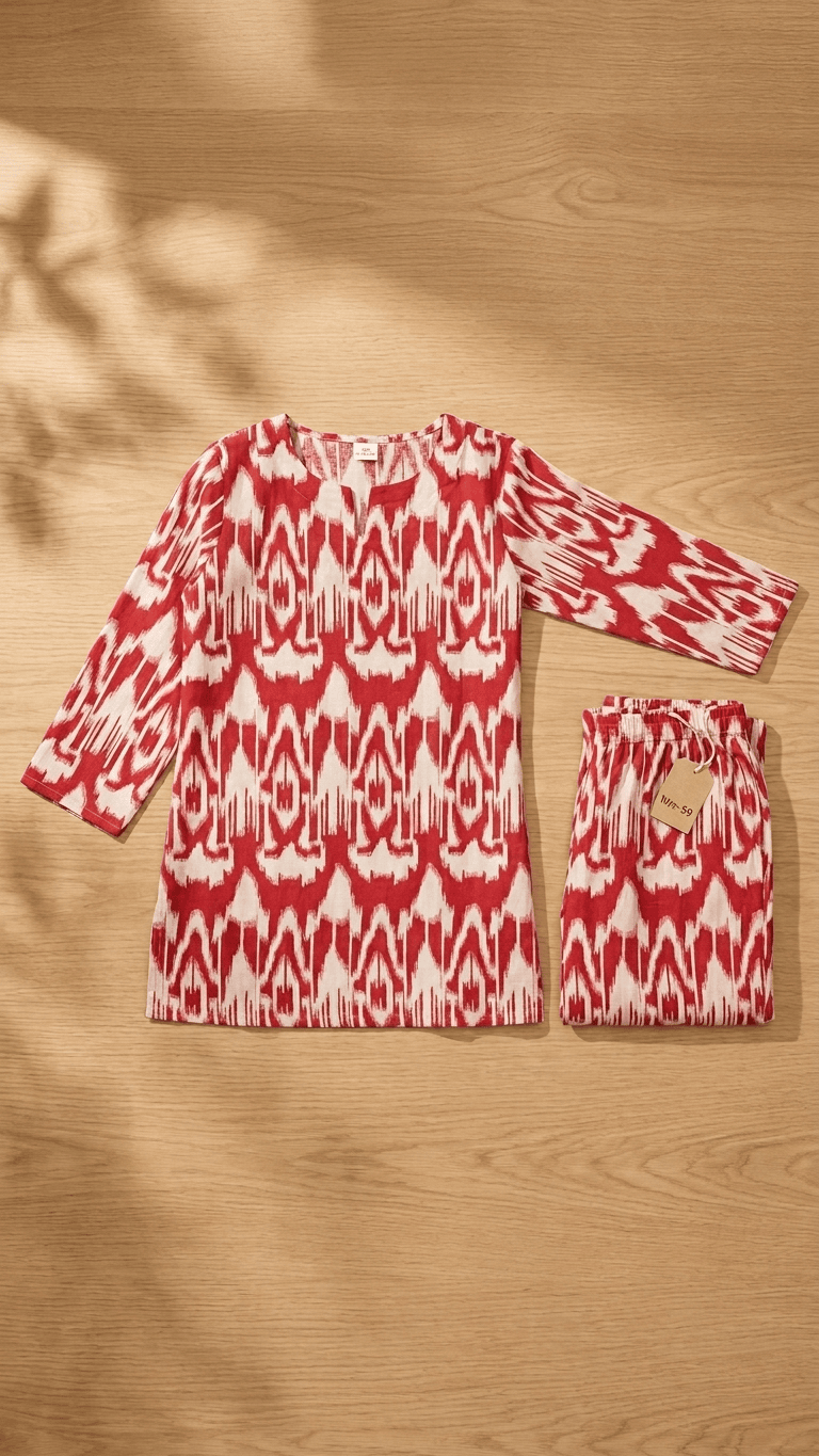 Women's Crimson Red Ikat Cotton Lounge Set