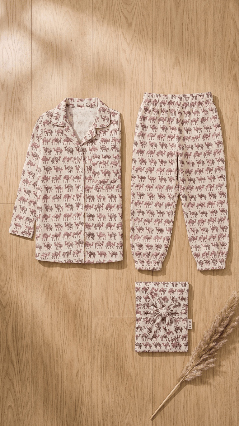satrangi house Kids 100% Pure Cotton Woven Full-Sleeve Mauve Camel Print Night Suit Pajama Set with Travel Pouch