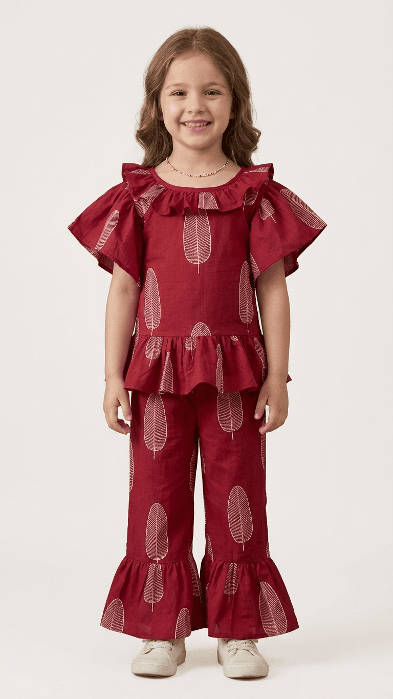 Maroon Leaf Frilled Peplum & Ruffle Pant Set