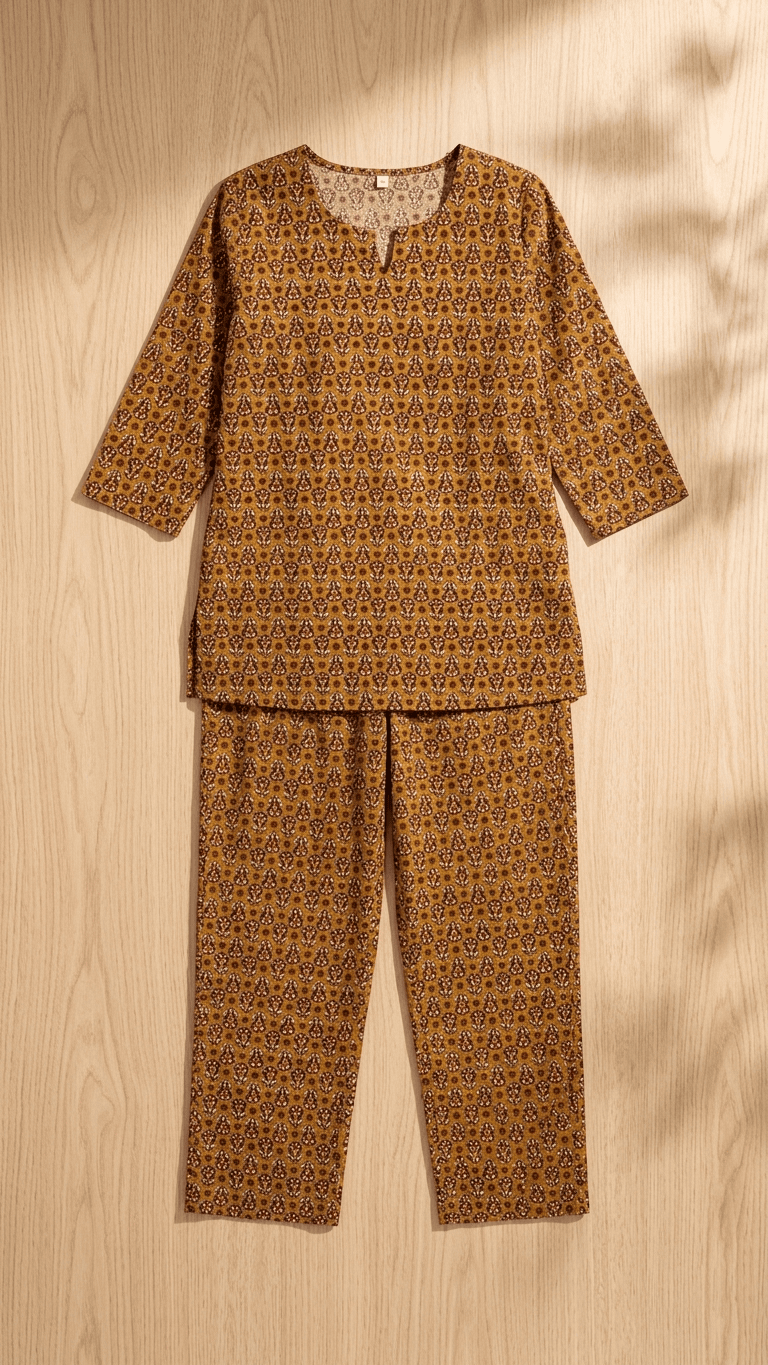 Women's Mustard Ocher Ajrakh Cotton Lounge Set