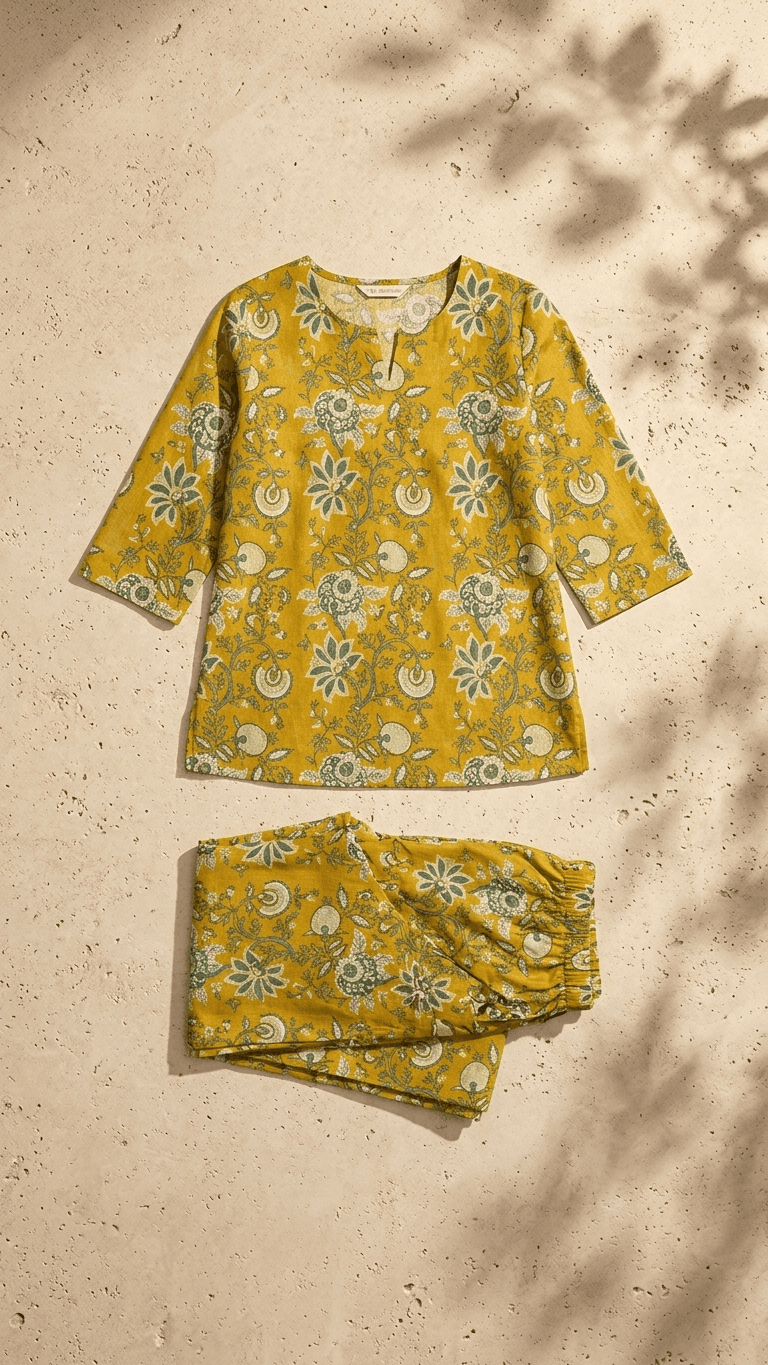 Women's Mustard Green Floral Cotton Lounge Set