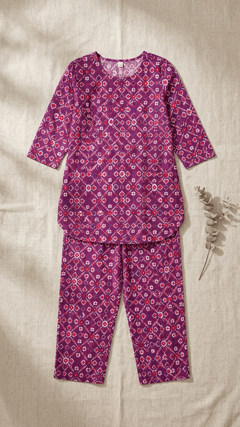 Women's Plum Purple Ikat Cotton Lounge Set