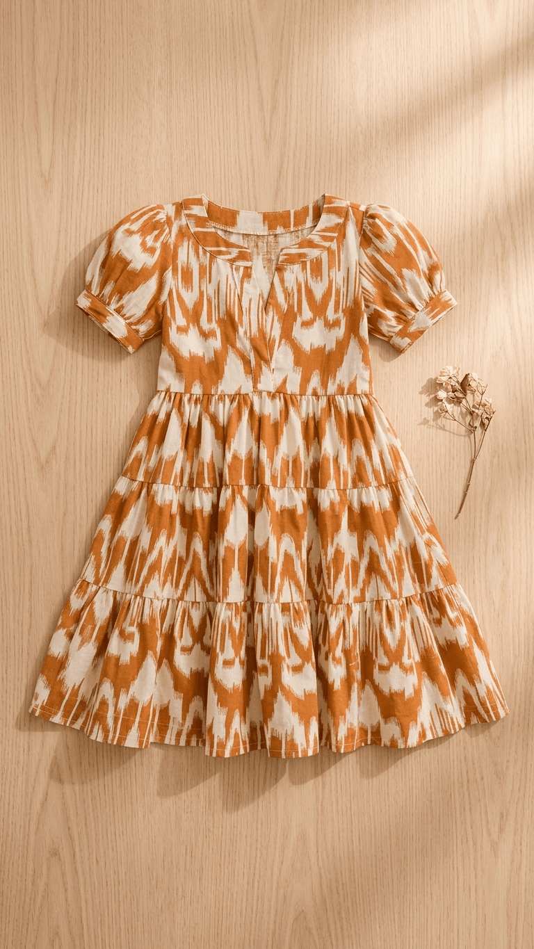 Tan Orange Ikat Tiered Cotton Frock