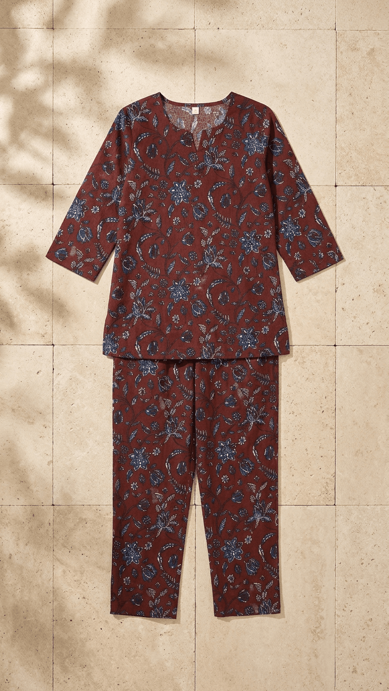 Women's Rust Maroon Ajrakh Cotton Lounge Set