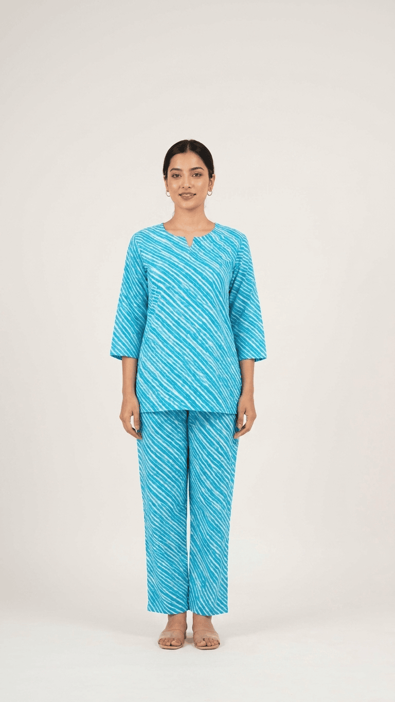 Women's Turquoise Leheriya Cotton Lounge Set