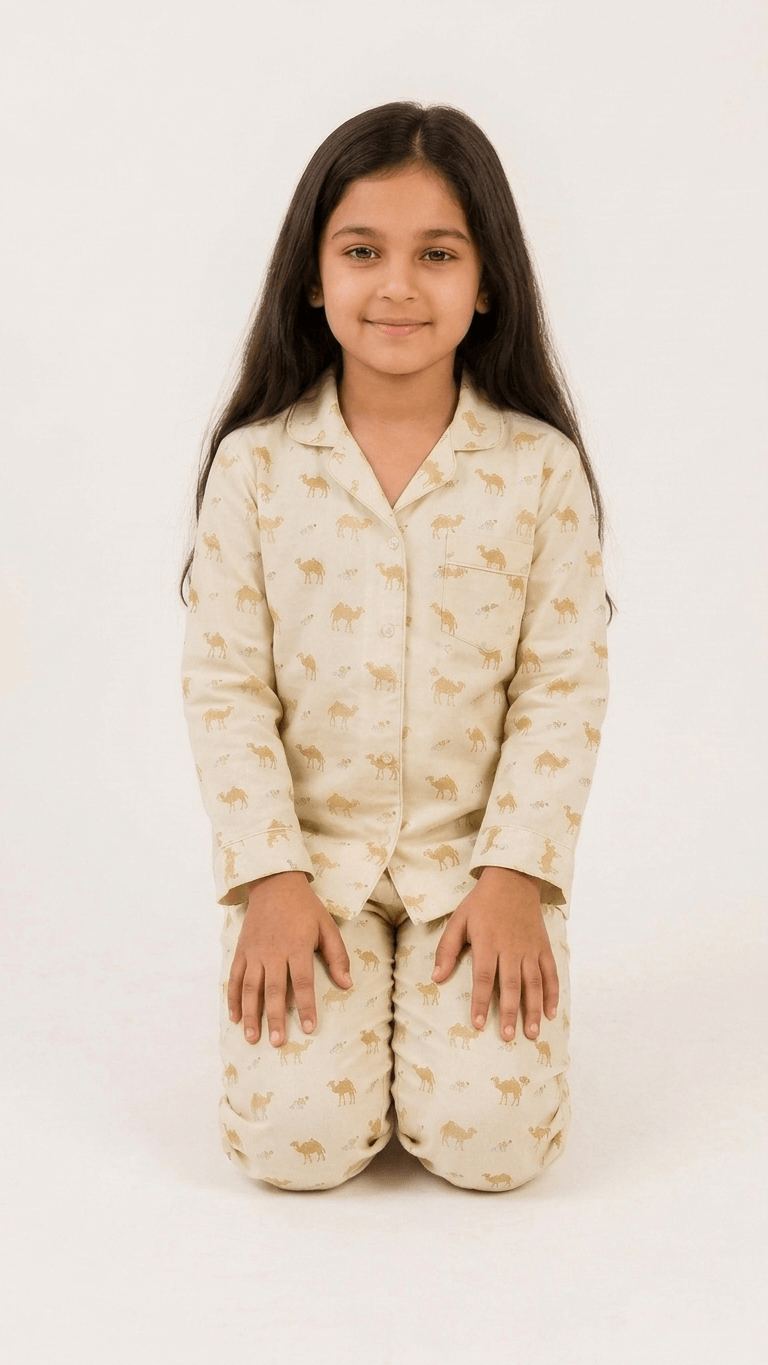 Satrangi House Kids 100% Pure Cotton Woven Full-Sleeve Mustard Yellow Camel Print Night Suit Pajama Set with Travel Pouch