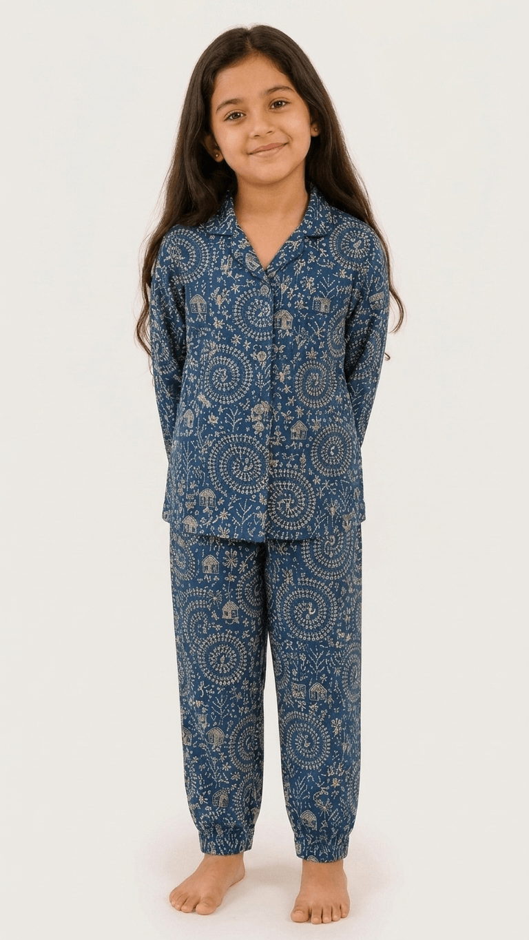 Satrangi House Kids 100% Pure Cotton Woven Full-Sleeve Indigo Blue Warli and Mandala Print Night Suit Pajama Set with Travel Pouch
