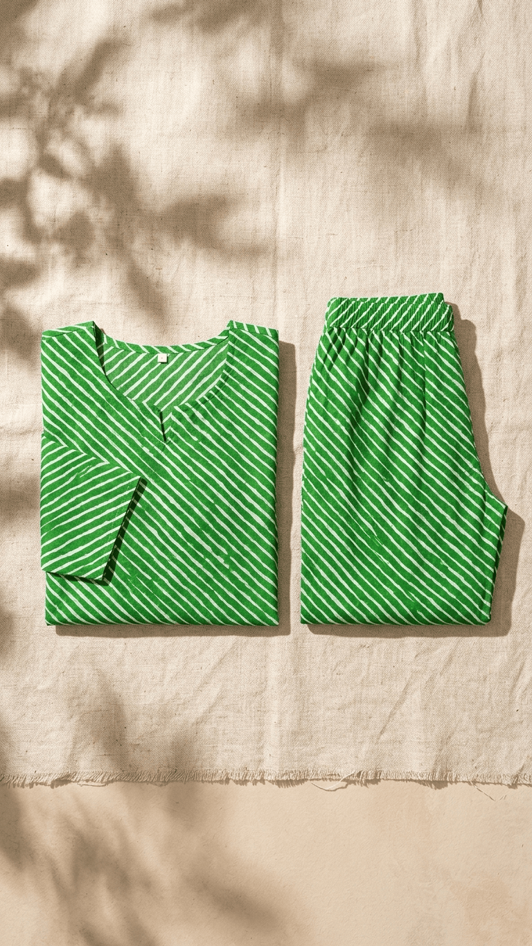Women's Lime Green Leheriya Cotton Lounge Set