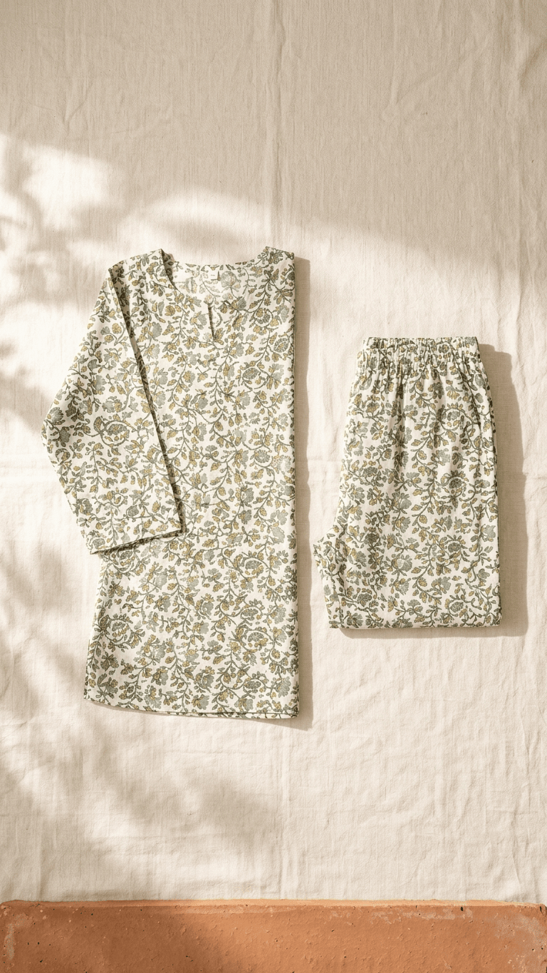 Women's Sage Olive Floral Cotton Lounge Set