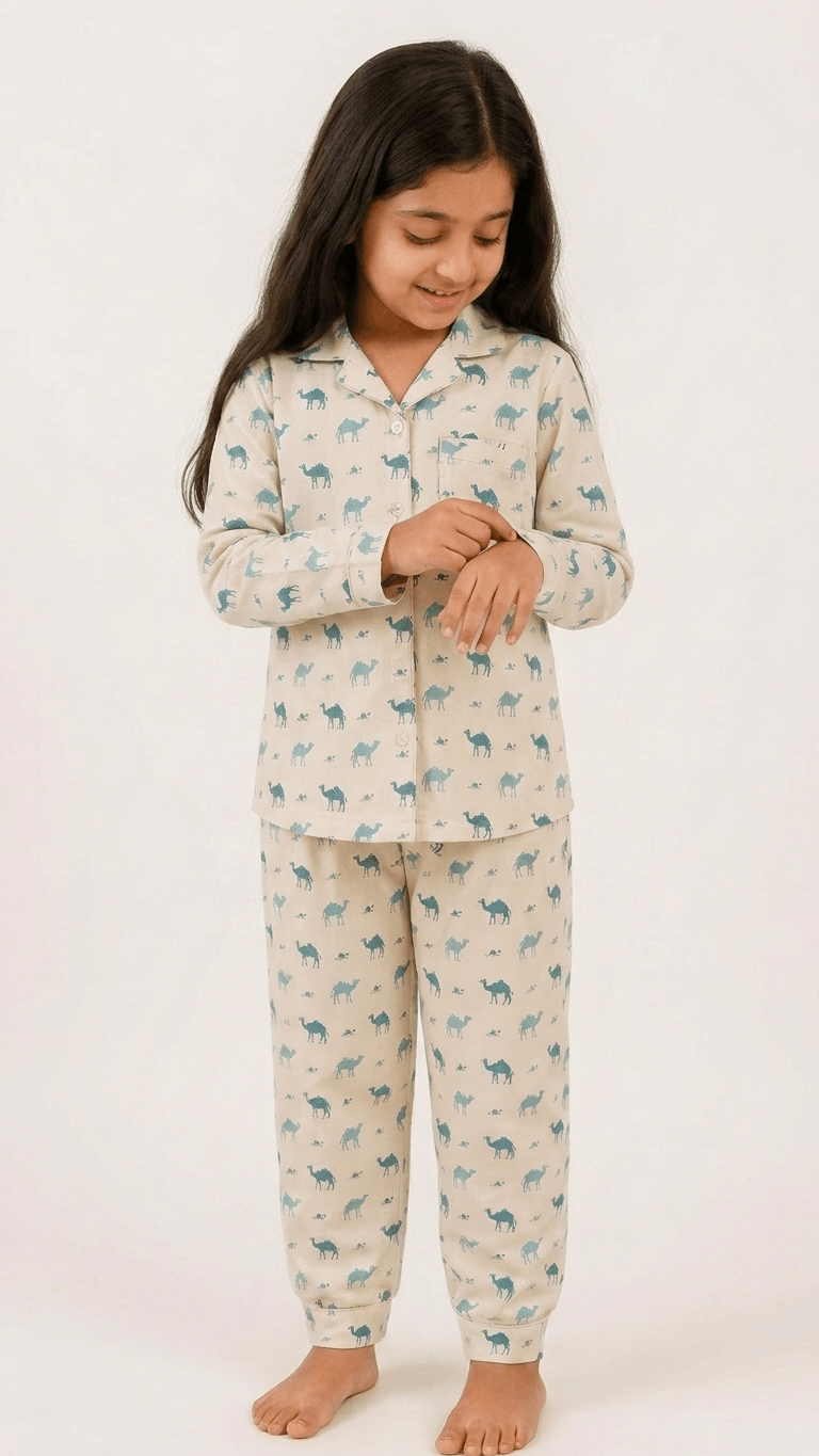 satrangi house Kids 100% Pure Cotton Woven Full-Sleeve Dark Teal Camel Print Night Suit Pajama Set with Travel Pouch