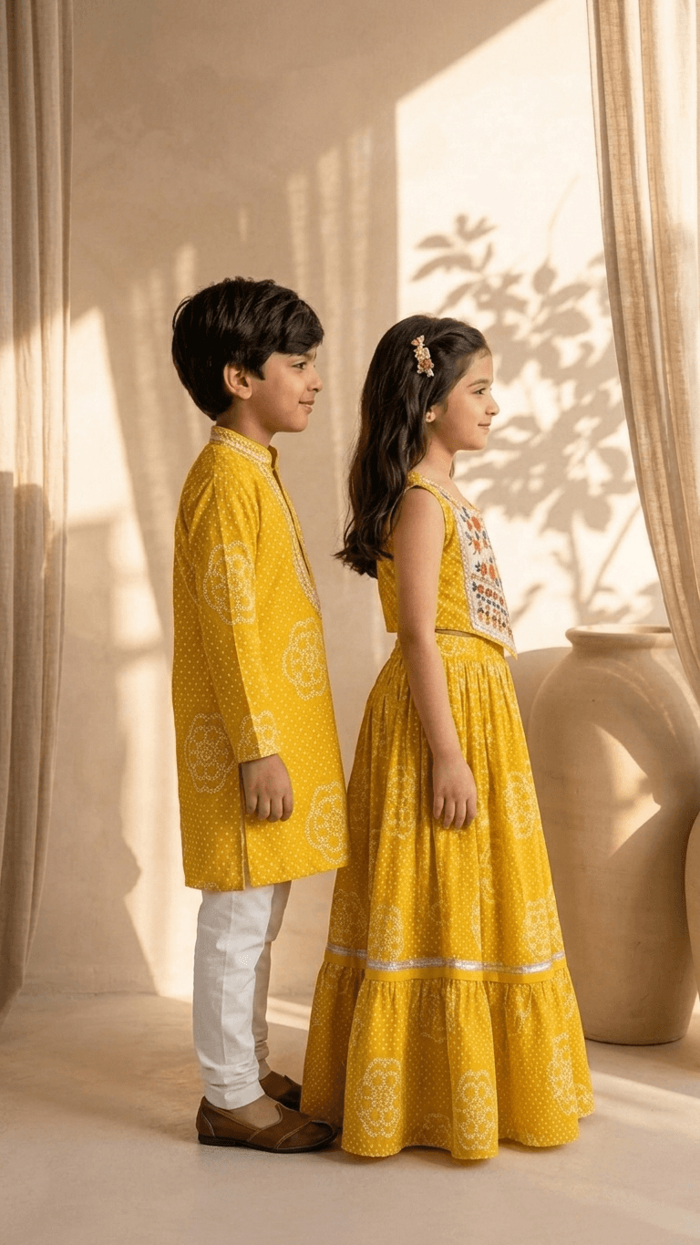 Brother Sister Matching Yellow Bandhani Festive Combo Set | Kids Haldi Lehenga Choli and Boys Kurta Pyjama Ethnic Suit