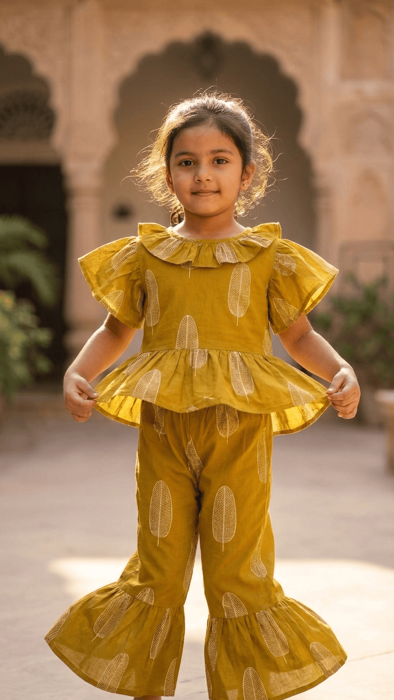 Mustard Leaf Frilled Peplum & Ruffle Pant Set