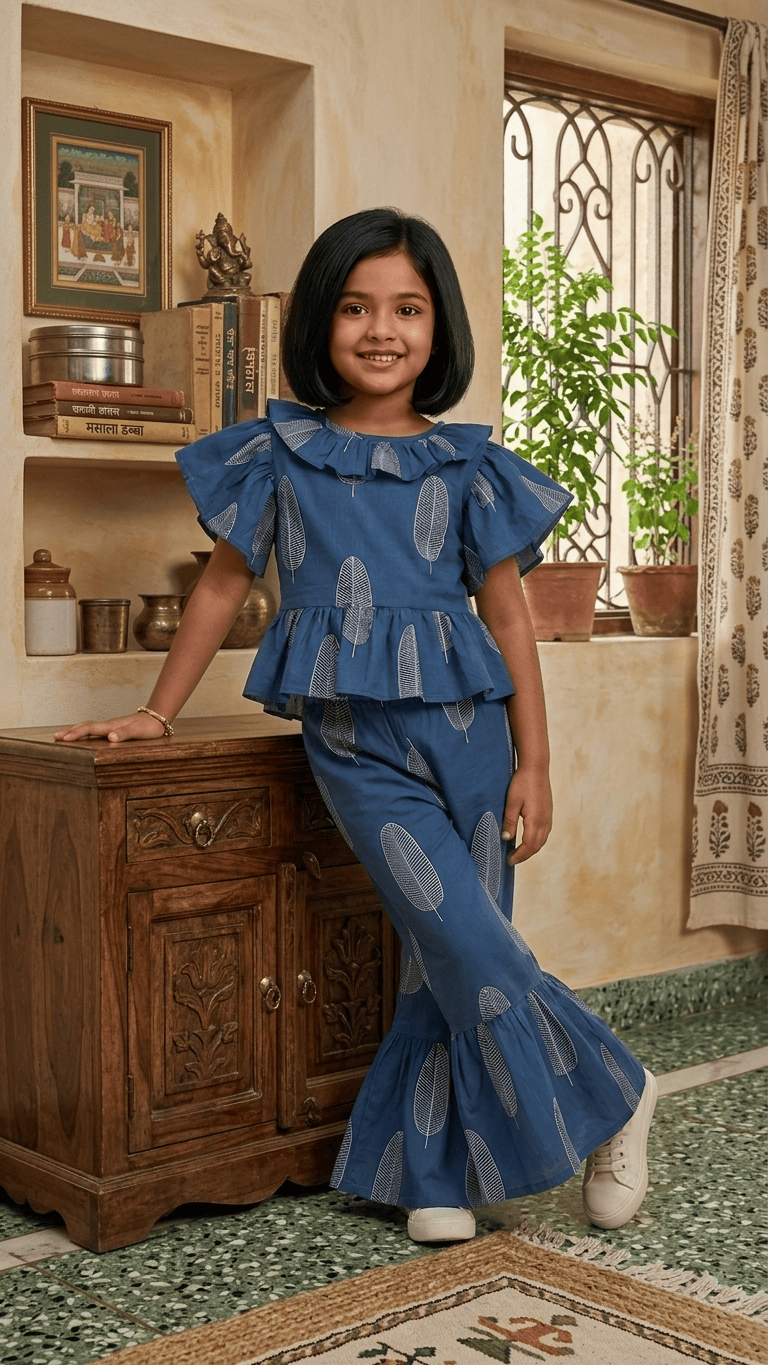 Indigo Leaf Frilled Peplum & Ruffle Pant Set