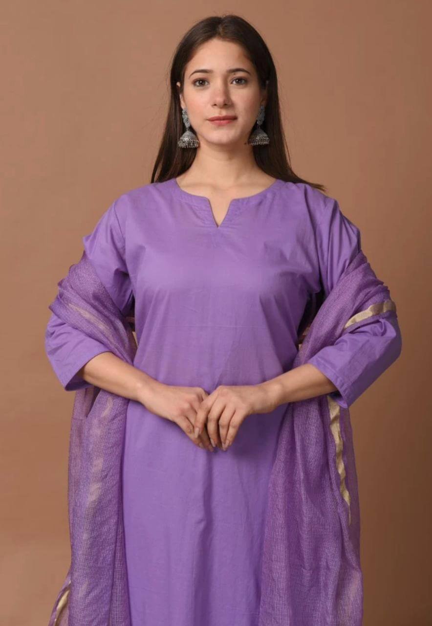 Women's Lavender Pure Cotton Straight Kurta Afghani Salwar Set with Dupatta – 3-Piece Lilac Minimalist Solid Suit Set with Kota Doria Border