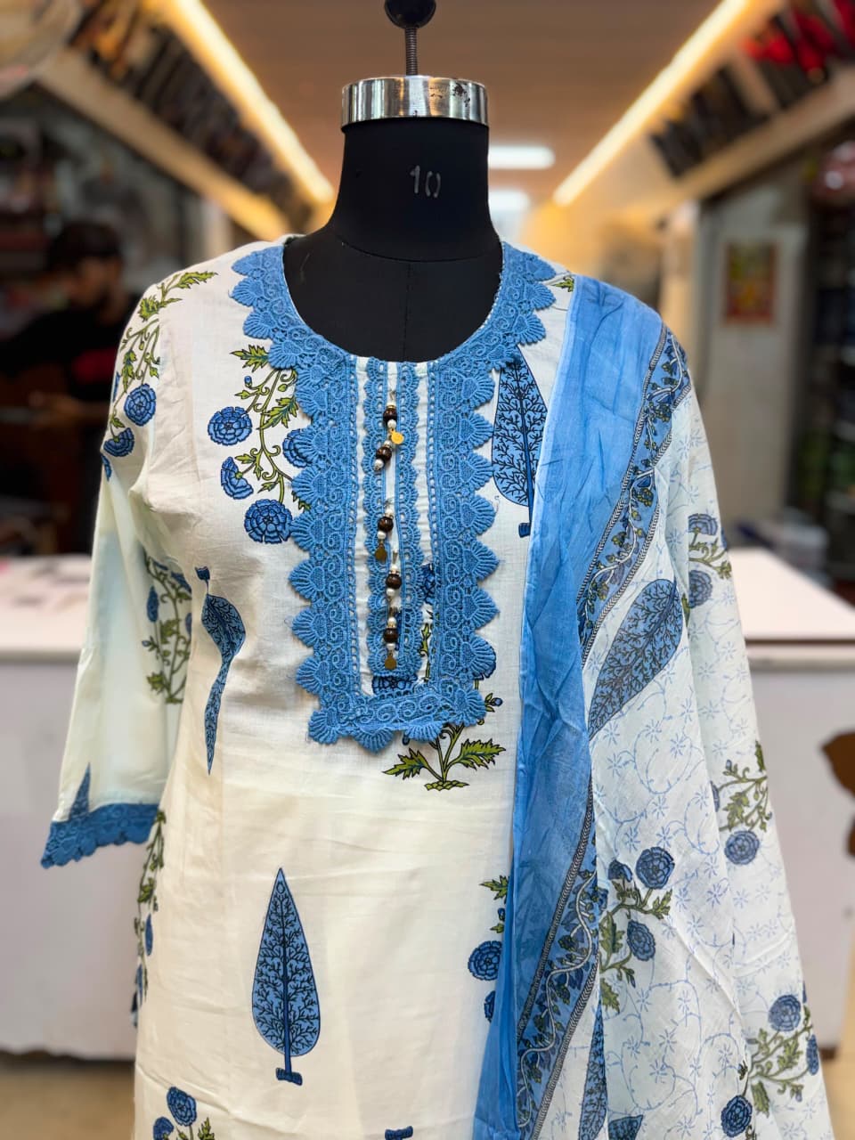 Women's White and Blue Pure Cotton Hand Block Print Kurta Pant Set with Dupatta – 3-Piece Traditional Sanganeri Straight Suit Set
