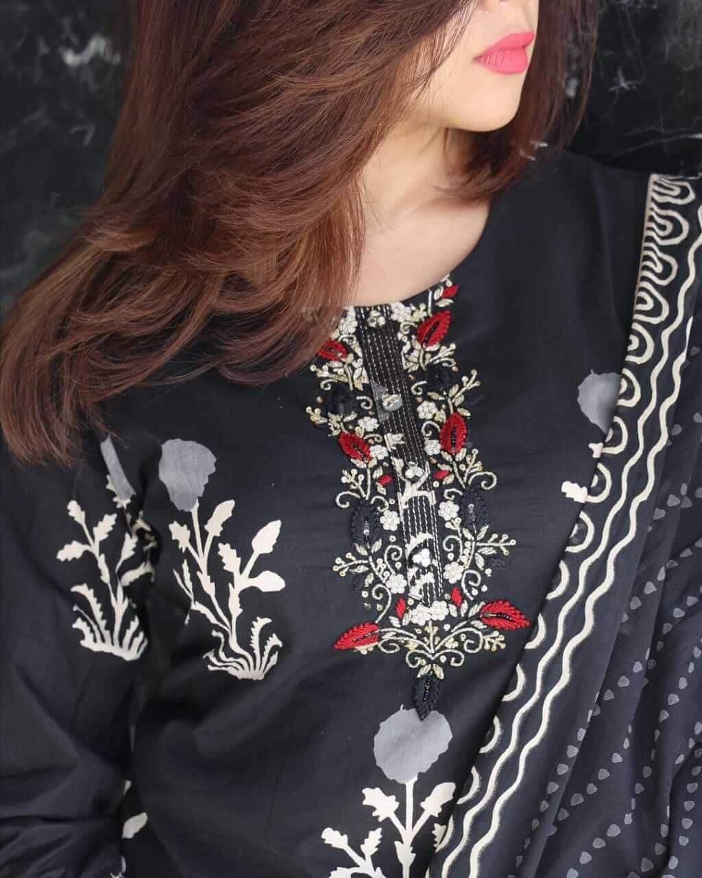 Black Printed Cotton Kurta Set with Yoke Thread Embroidery, Printed Pants & Dupatta