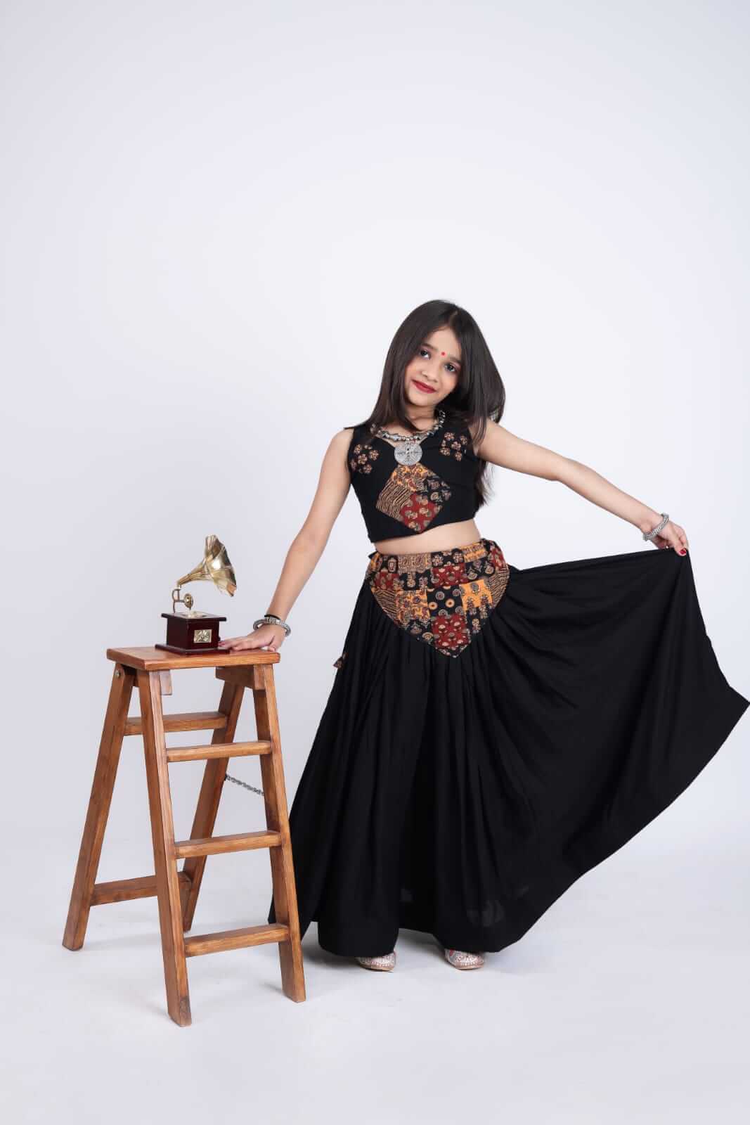 Girls Navratri Special Black Cotton Lehenga Choli Set with Traditional Print Yoke