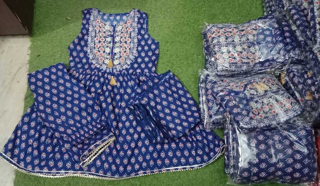 Premium Cotton Floral Printed Short Anarkali Kurta with Tiered Sharara and Dupatta Set – Navy Blue Ethnic Embroidered Mirror Work 3-Piece Festive Outfit for Women