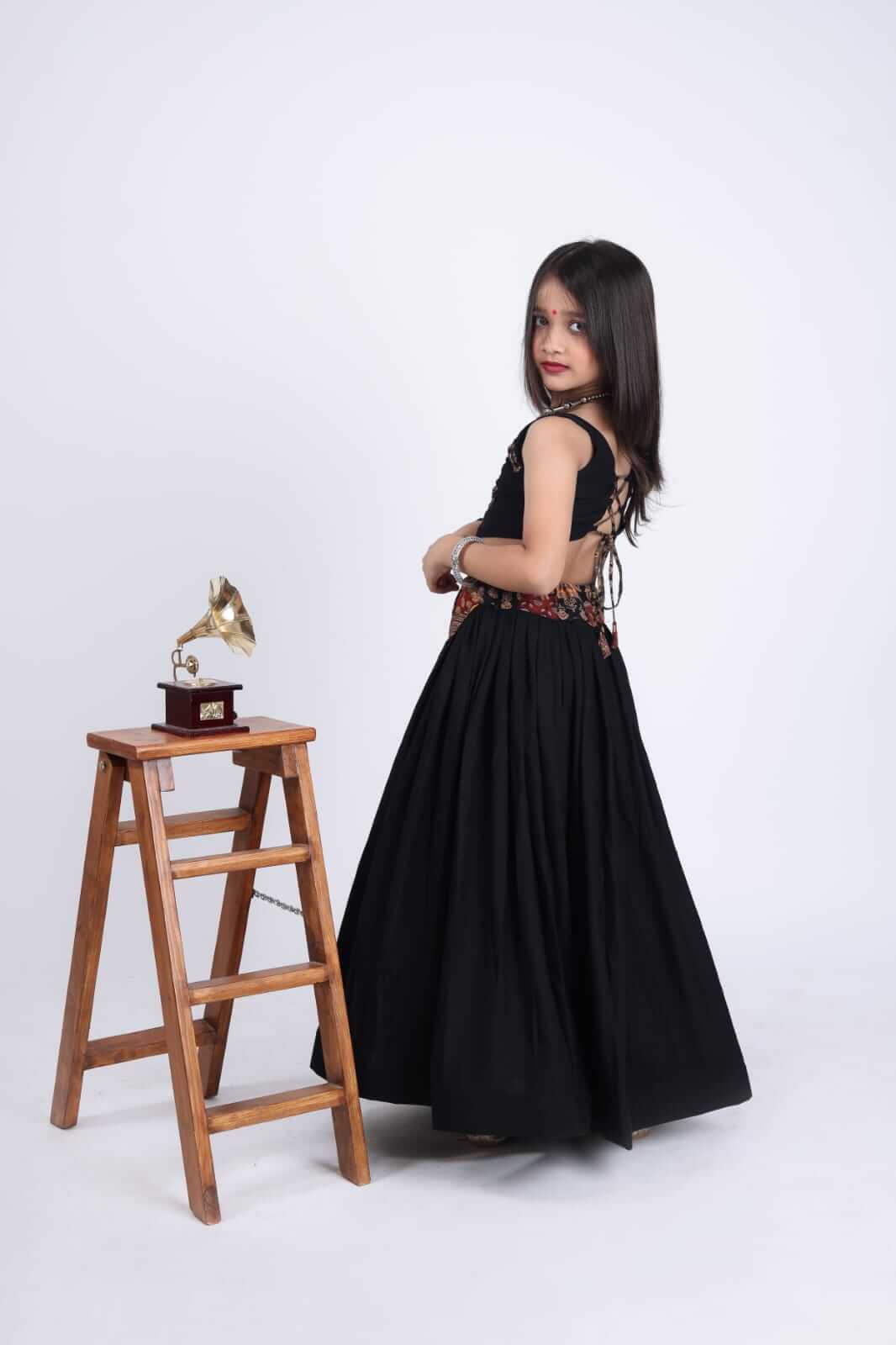 Girls Navratri Special Black Cotton Lehenga Choli Set with Traditional Print Yoke