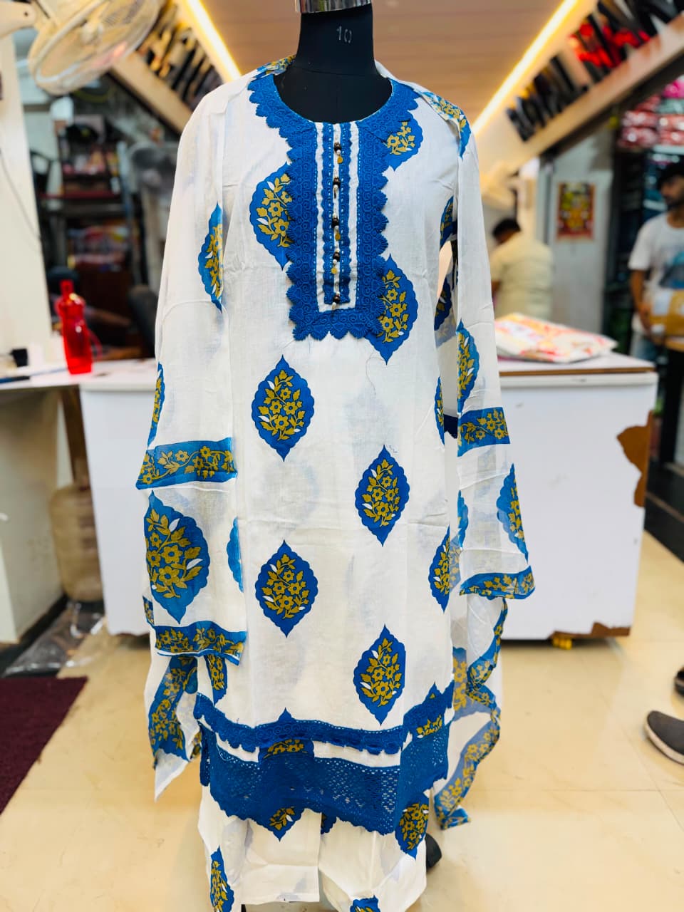 Women's White and Royal Blue Pure Cotton Paisley Print Kurta Pant Set with Dupatta – 3-Piece Traditional Jaipuri Straight Suit Set