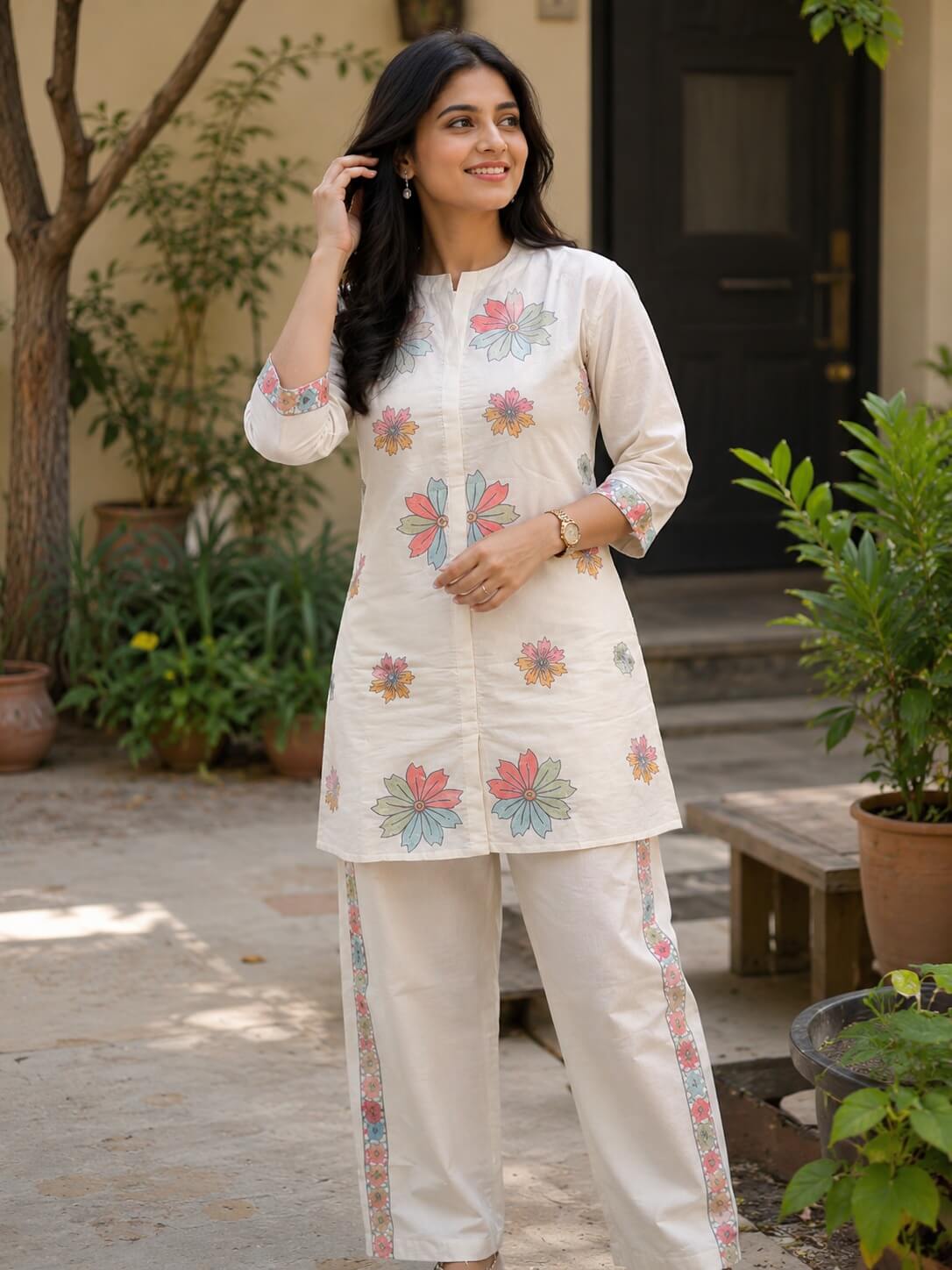 Off-White Cotton Short Kurta Co-Ord Set with Pastel Floral Motifs & Striped Pants