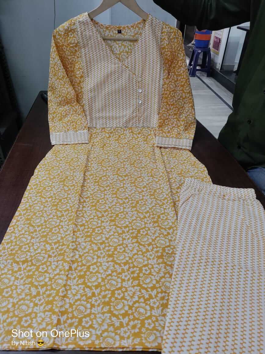 Women's Yellow Pure Cotton Floral Printed Straight Kurti Pant Set – 2-Piece Jaipuri Cotton Suit Set with Chevron Yoke and Lupi Buttons