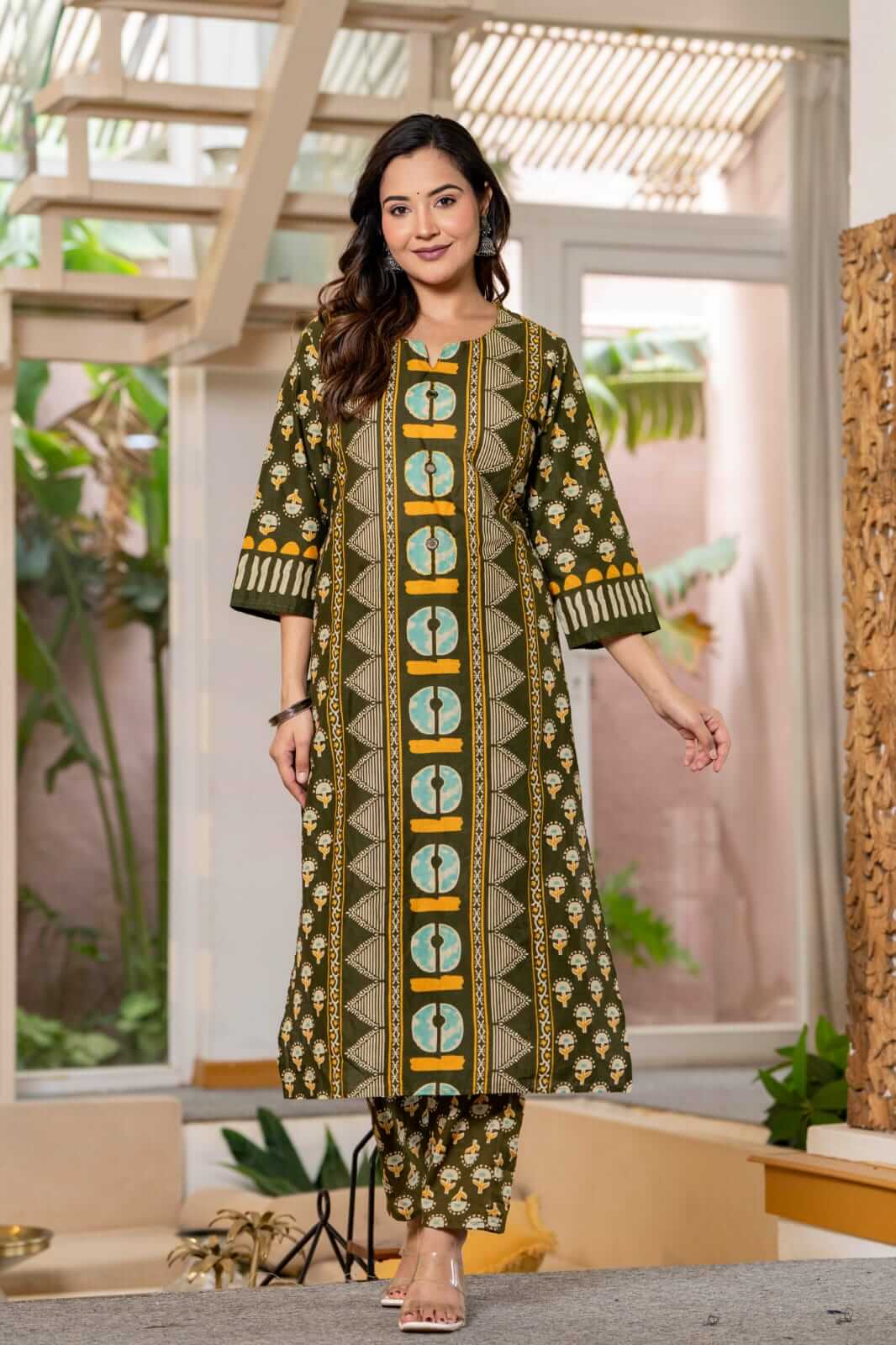 Olive Green Block Printed Cotton Kurta Set with Straight Pants & Matching Dupatta