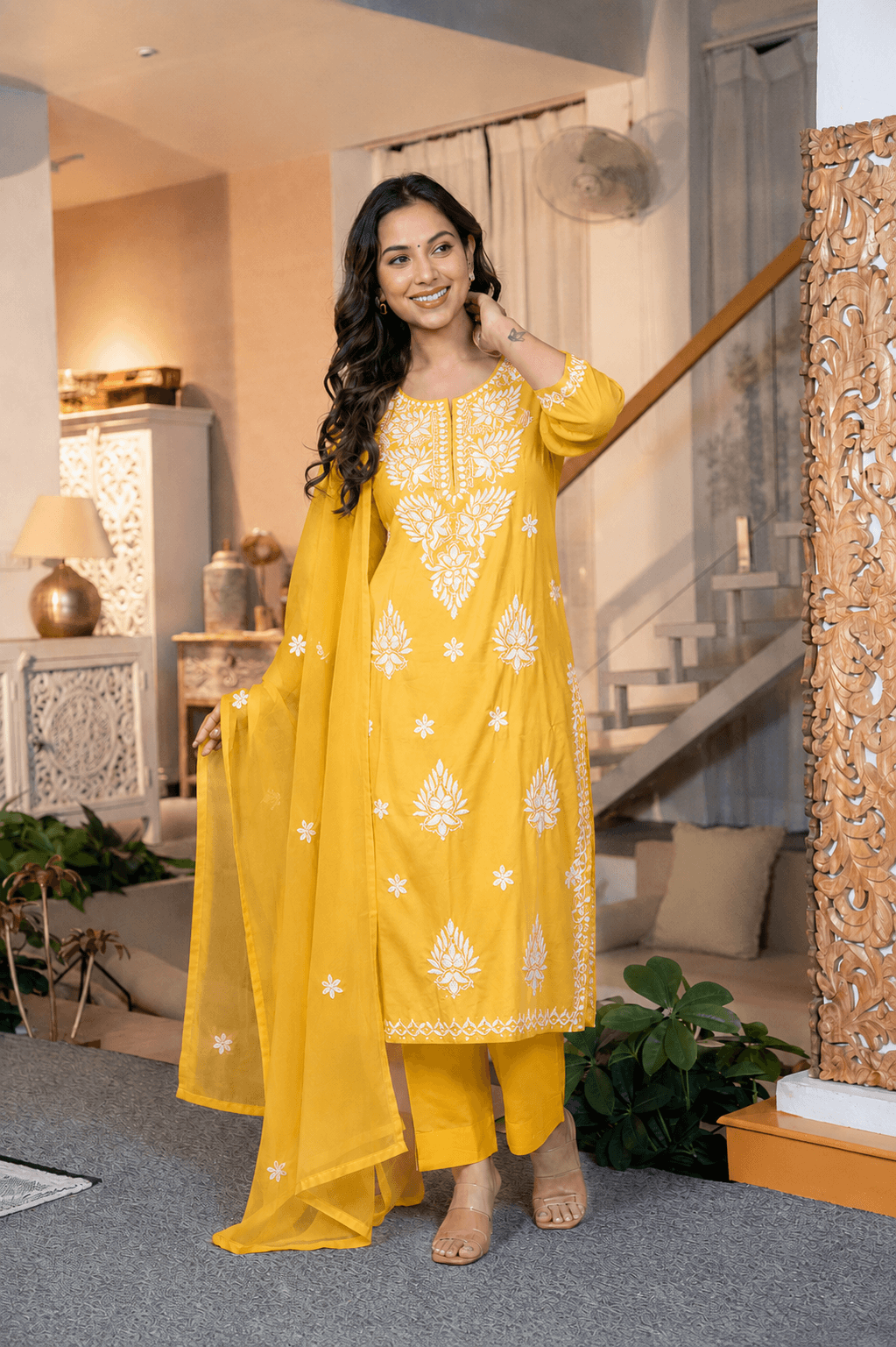 Women's Yellow Pure Cotton Embroidered Chikankari Kurta Pant Set with Dupatta – 3-Piece Haldi Traditional Straight Suit Set