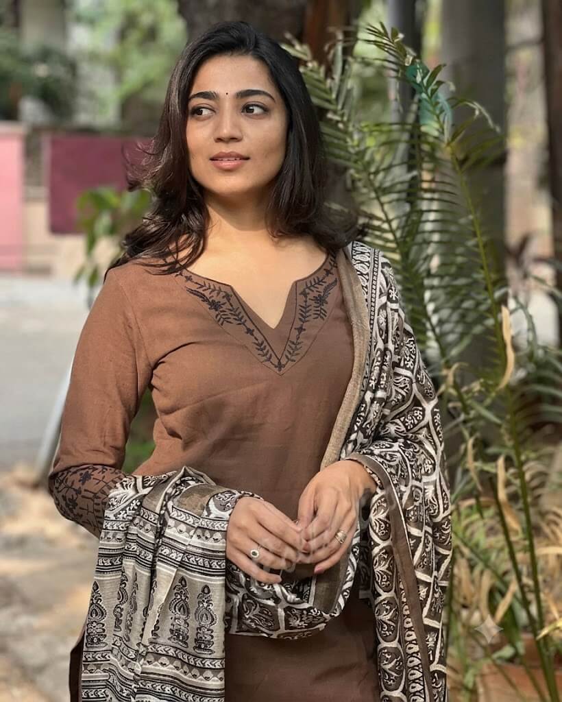 Chestnut Brown Cotton Block Printed Straight Kurta Set with Dupatta