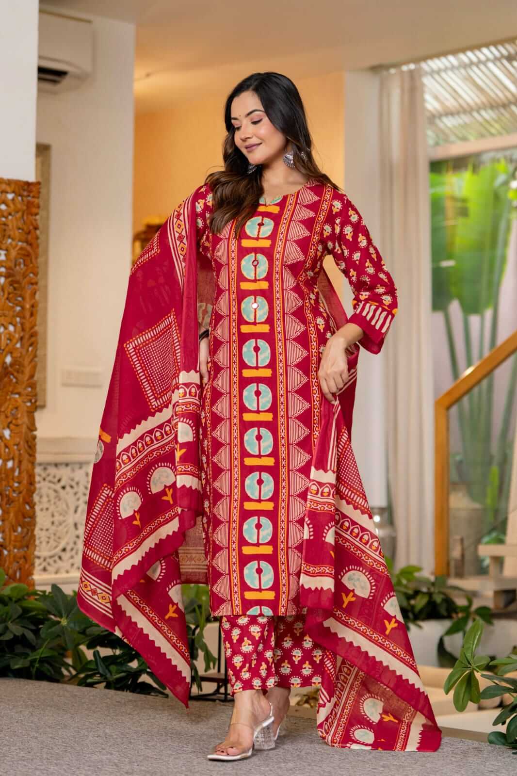 Magenta Bloom: Festive Block-Print Cotton Suit Set with Geometric Yoke & Dupatta