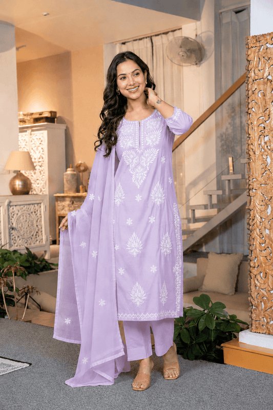 Women's Lilac Pure Cotton Embroidered Chikankari Kurta Pant Set with Dupatta – 3-Piece Pastel Purple Traditional Straight Suit Set
