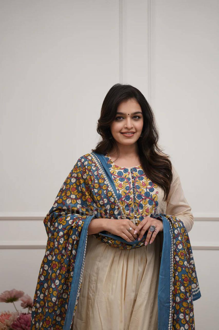 Off-White Cotton Gathered Anarkali Kurta Set with Embroidered Yoke & Printed Dupatta