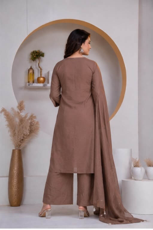 Taupe Brown Floral Embroidered Straight Kurta Set with Wide-Leg Pants & Dupatta