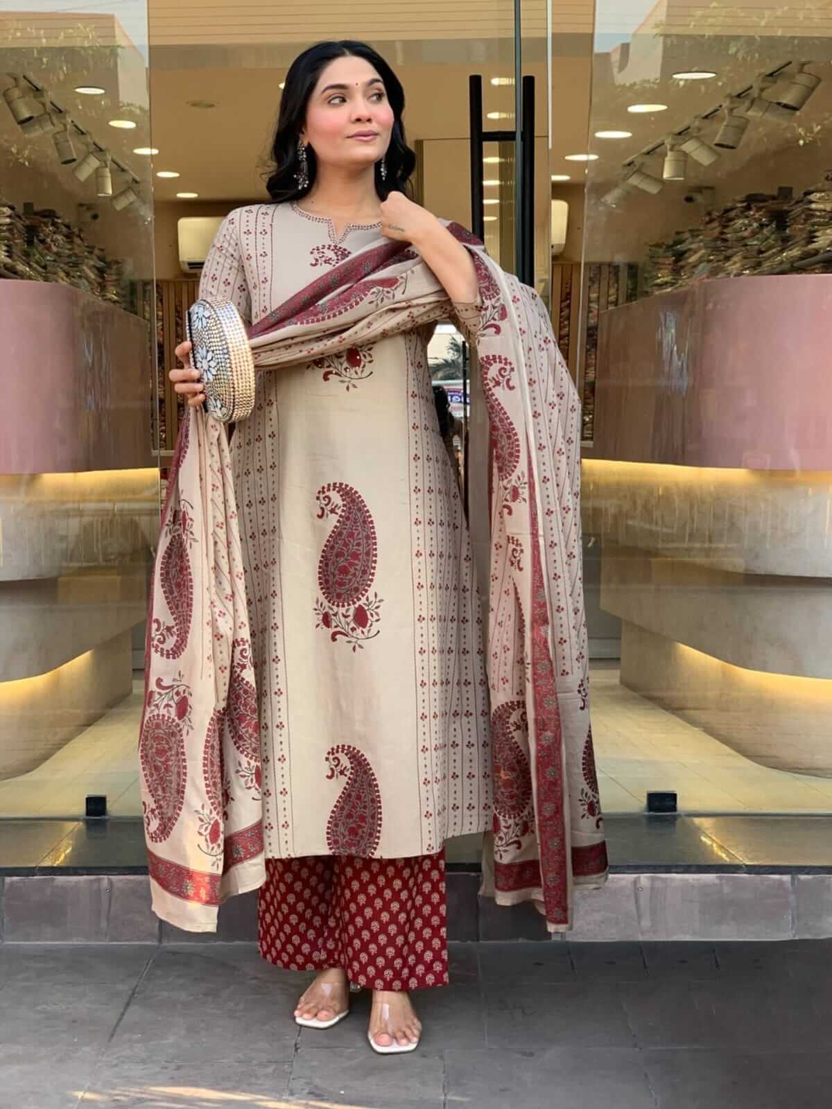 Beige & Maroon Paisley Block Printed Cotton Kurta Set with Palazzo & Dupatta