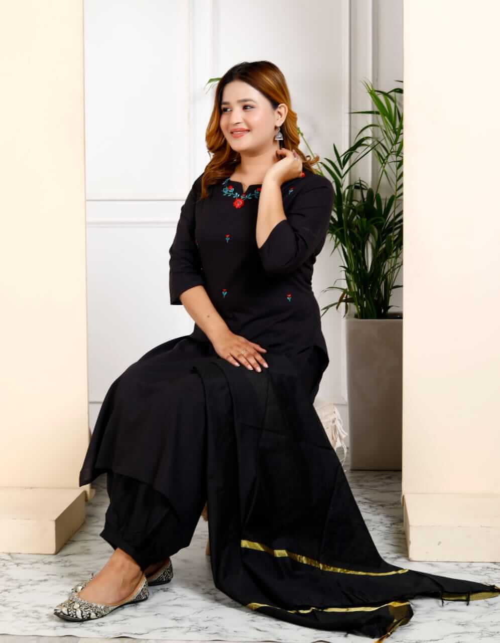 Women's Jet Black Pure Cotton Embroidered Kurta Afghani Salwar Set with Dupatta – 3-Piece Traditional Ethnic Suit Set with Gold Zari Border