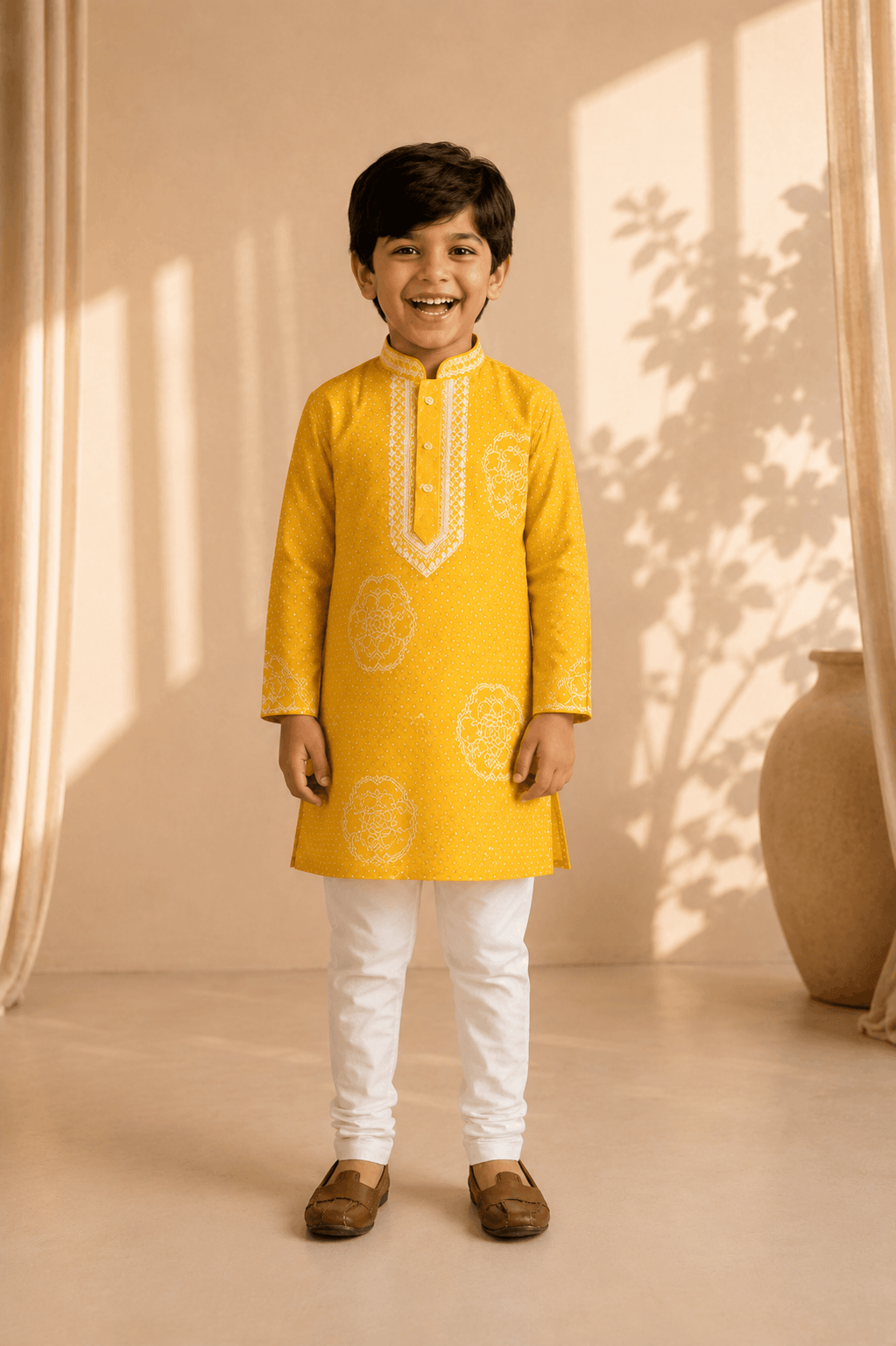 Mustard Yellow Embroidered Kurta Pajama Set for Boys
