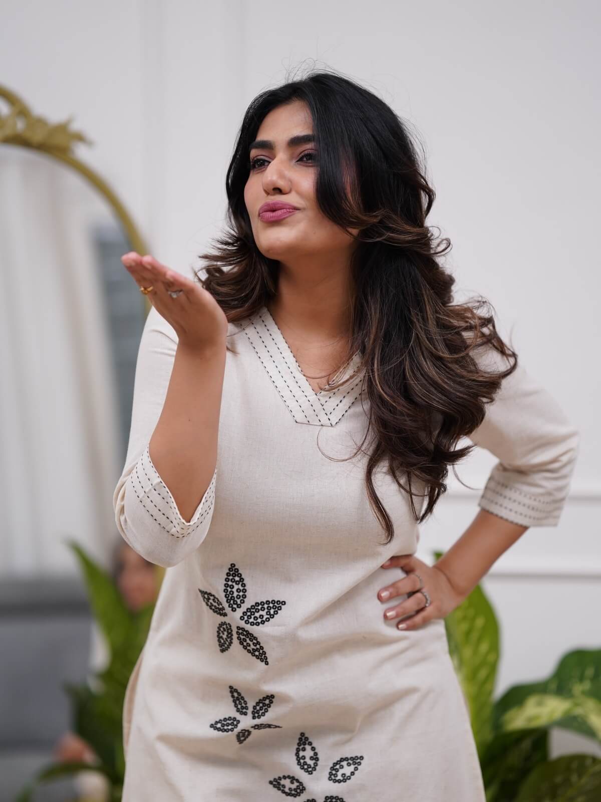 Off-White Cotton Straight Kurta Set with Black Floral Embroidery & Trousers