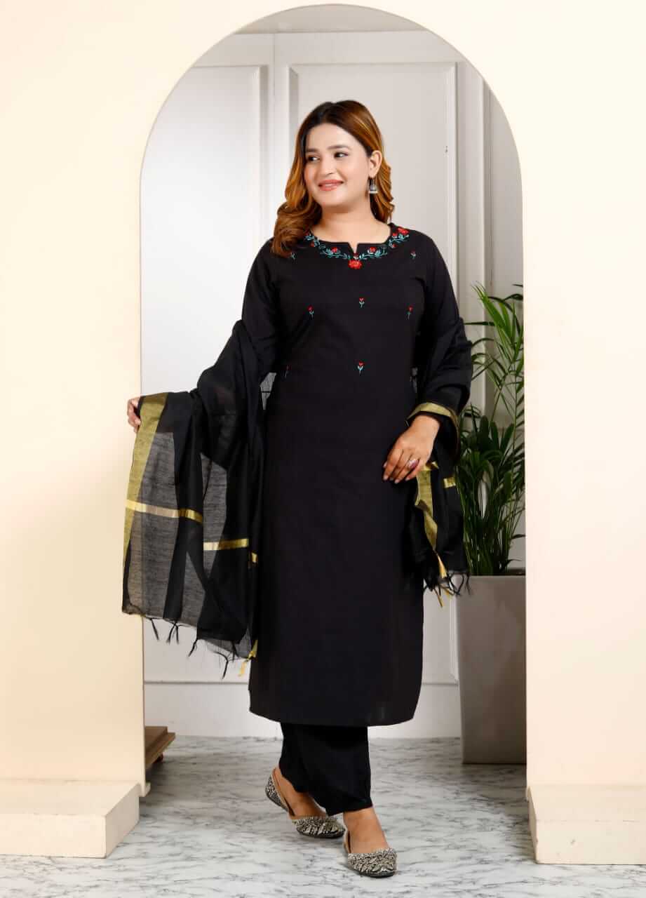 Women's Jet Black Pure Cotton Embroidered Kurta Afghani Salwar Set with Dupatta – 3-Piece Traditional Ethnic Suit Set with Gold Zari Border