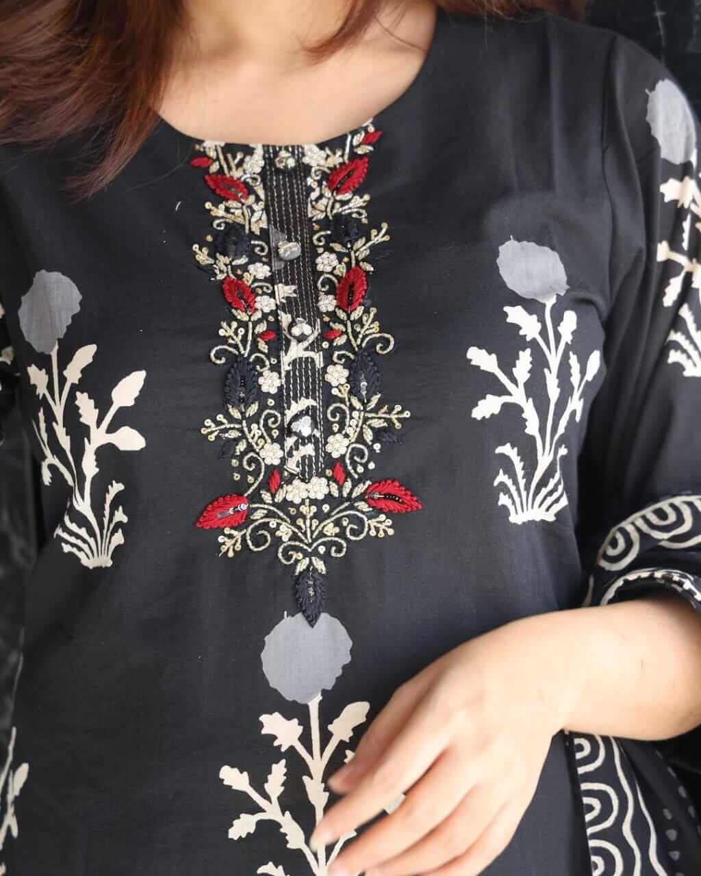 Black Printed Cotton Kurta Set with Yoke Thread Embroidery, Printed Pants & Dupatta