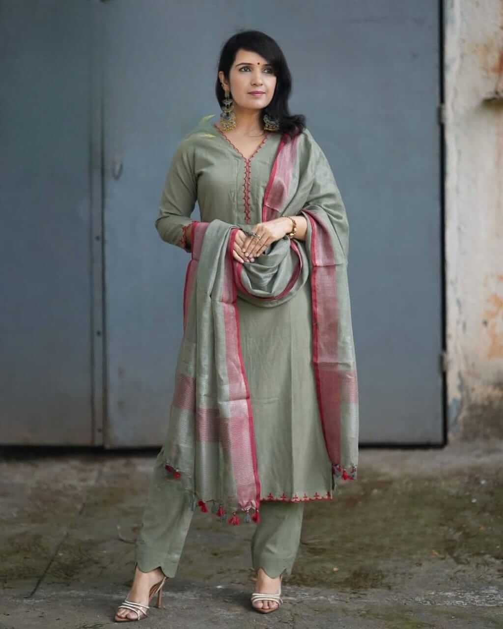 Sage Green Chanderi Silk Kurta Set with Scalloped Pants & Maroon Embroidered Dupatta