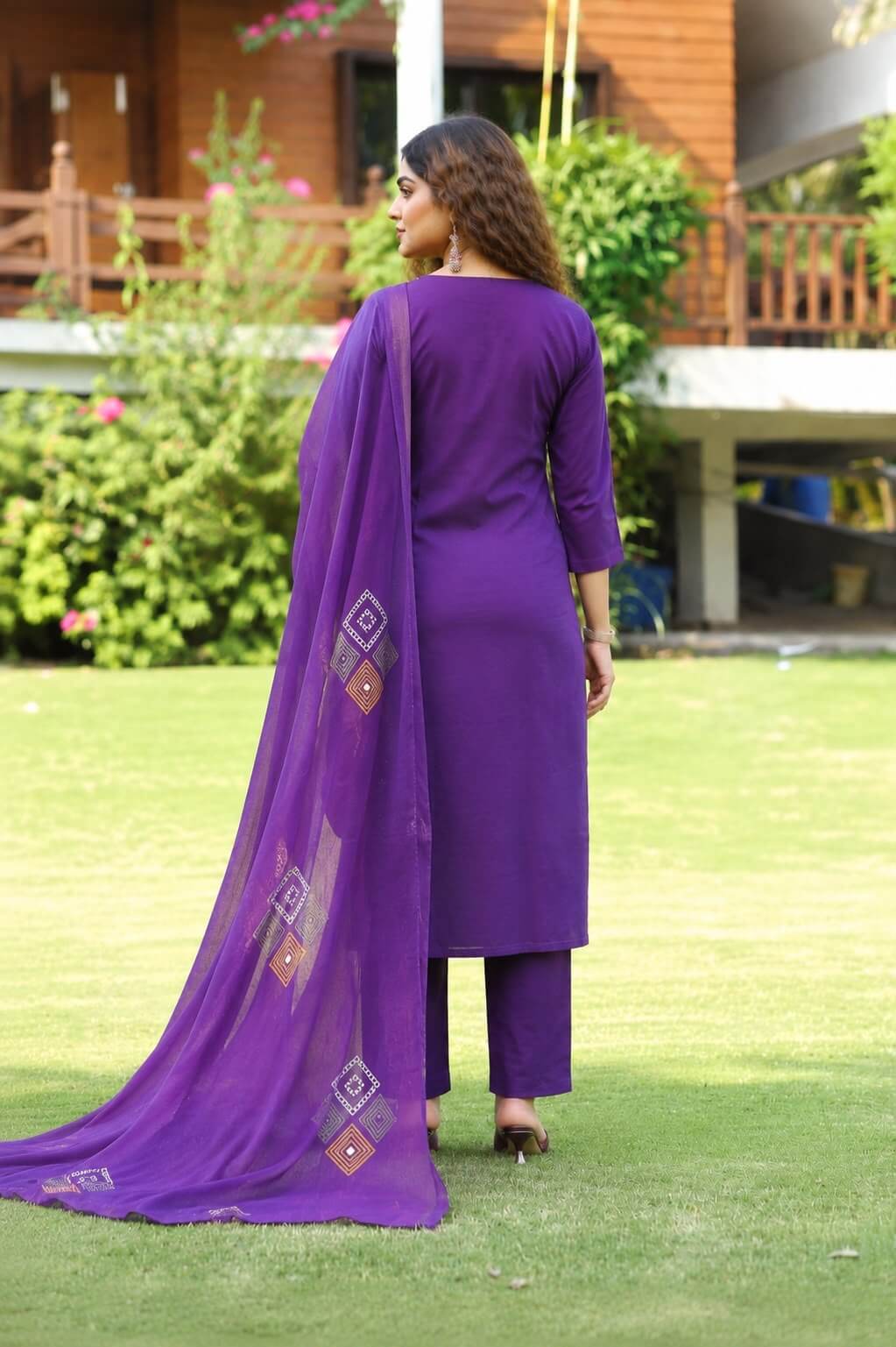 Royal Purple Straight Kurta Set with Geometric Thread Embroidery, Trousers & Dupatta