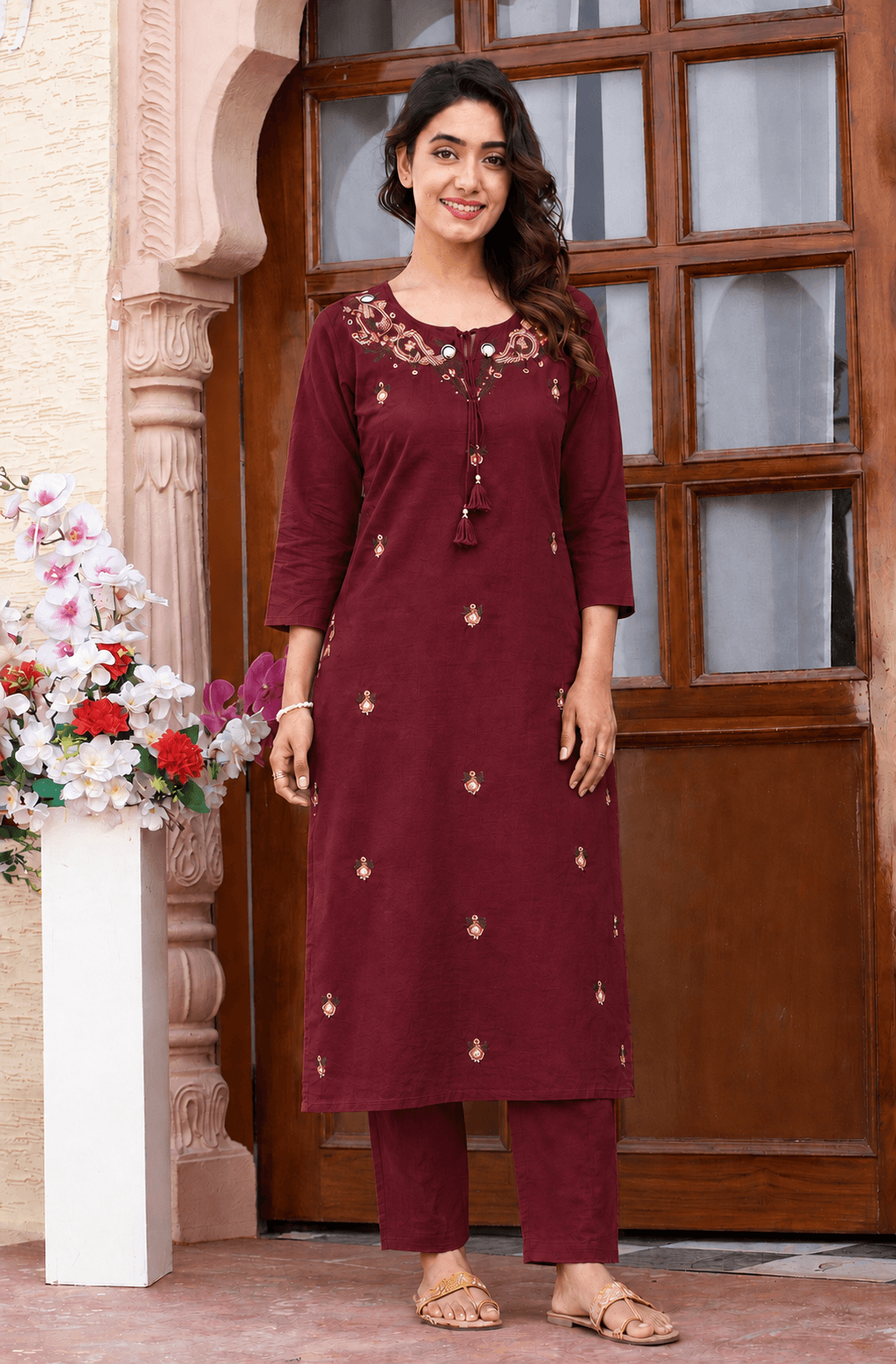 Women's Maroon Pure Cotton Embroidered Kurta Pant Set – 3-Piece Traditional Ethnic Straight Suit Set with Mirror Work
