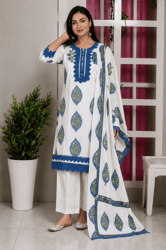 Women's White and Royal Blue Pure Cotton Paisley Print Kurta Pant Set with Dupatta – 3-Piece Traditional Jaipuri Straight Suit Set