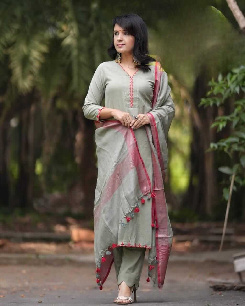 Sage Green Chanderi Silk Kurta Set with Scalloped Pants & Maroon Embroidered Dupatta