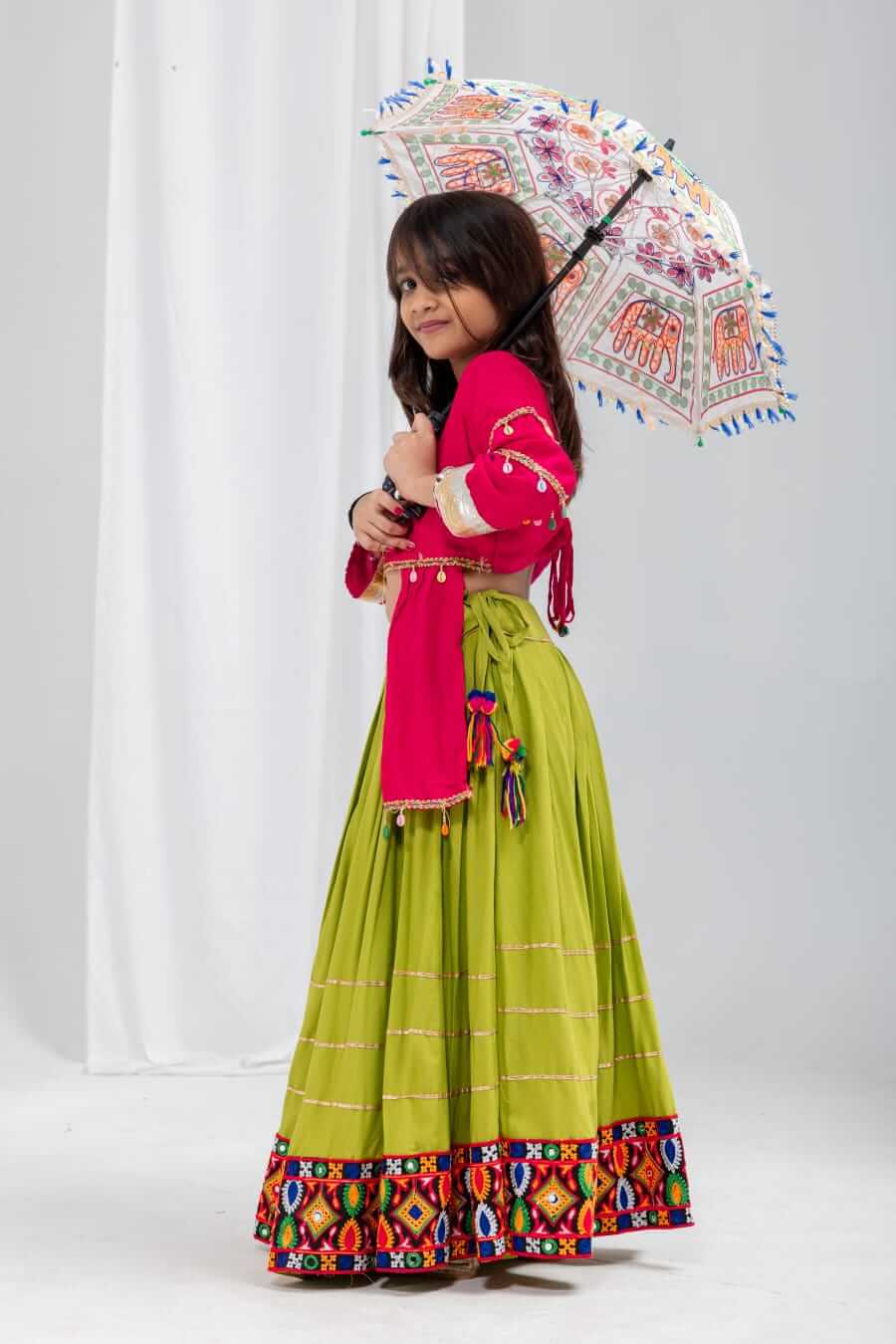Girls Navratri Special Pink & Olive Green Cotton Lehenga Choli Set with Mirror Work