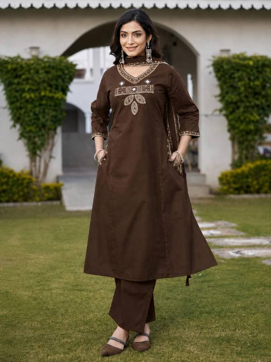 Women's Coffee Brown Embroidered A-Line Kurta Pant Set with Dupatta – 3-Piece Chocolate Cotton Blend Flared Suit Set with Pockets