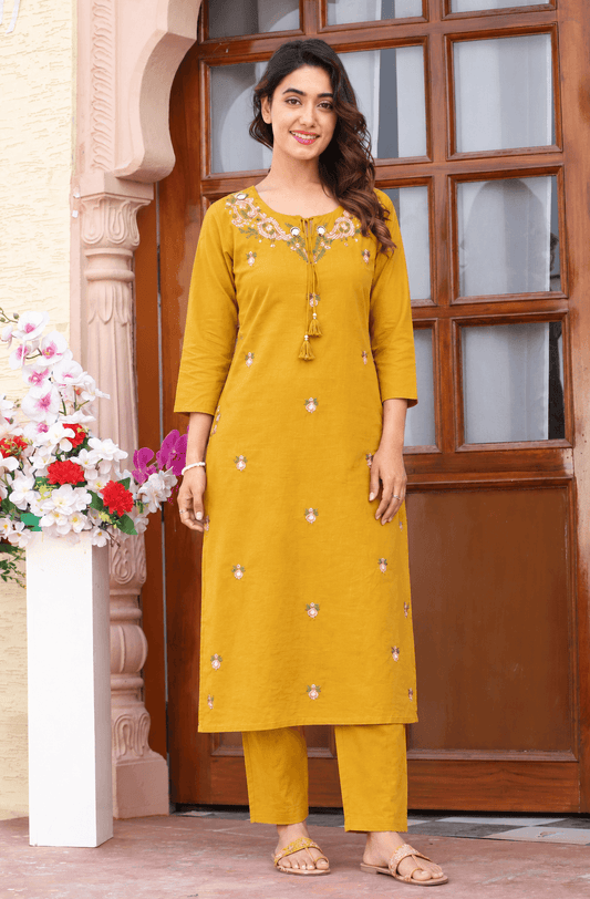 Women's Mustard Yellow Pure Cotton Embroidered Kurta Pant Set – 3-Piece Haldi Traditional Straight Suit Set with Mirror Work